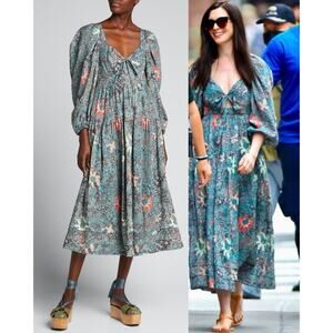 Ulla Johnson Kemala Midi Dress US 4 Malachite Floral Print Milkmaid Celebrity